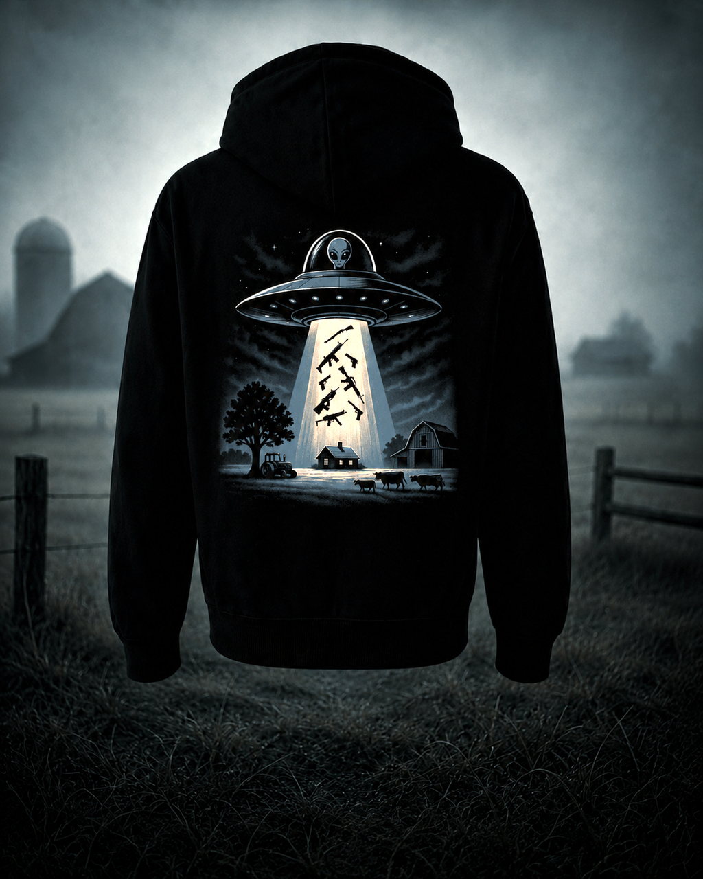Alien Abduction fleece lined hoodie – farm scene hoodie mockup